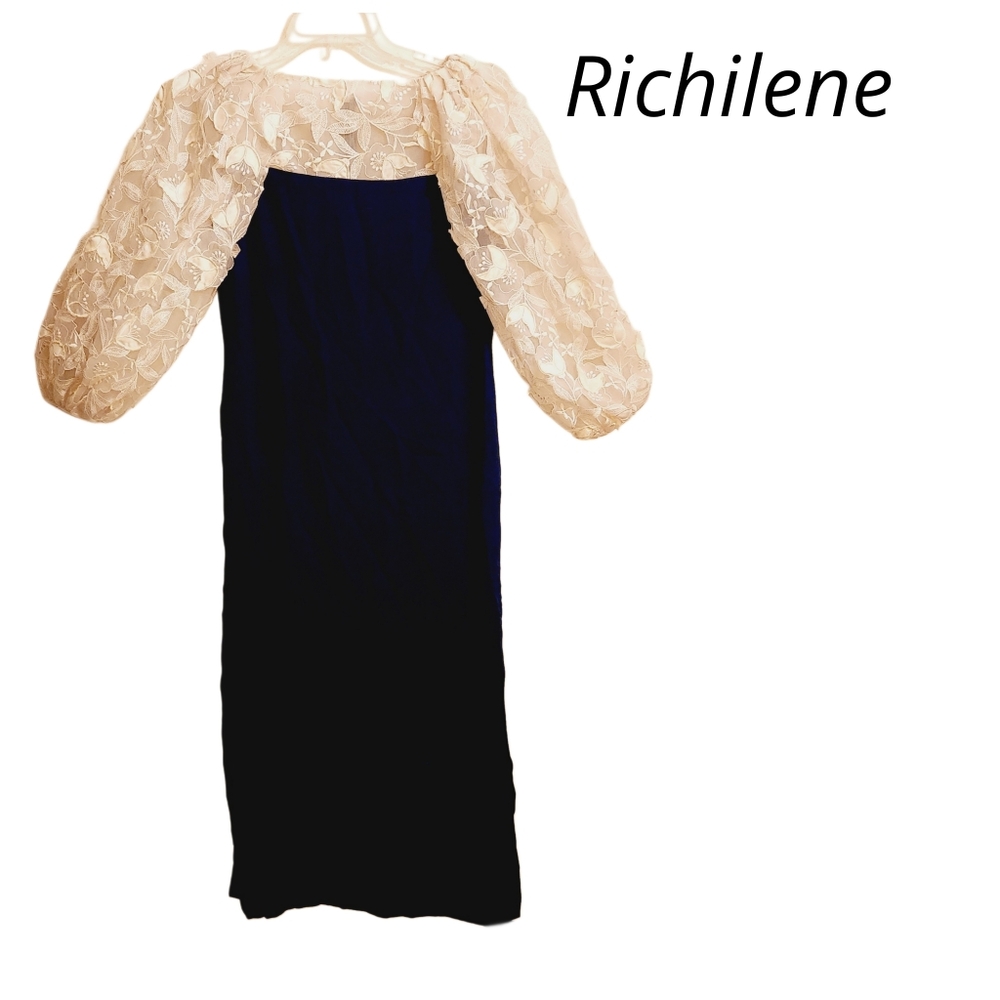 Richilene 1970s  Flora Embroidered Cut Out Evening Party Blue Dress Size Medium